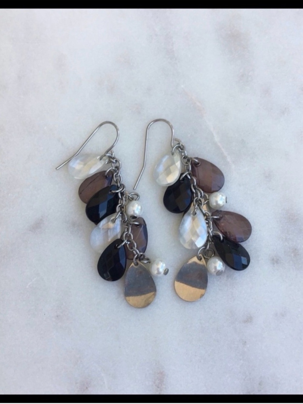 Silver-Tone Multi Teardrop Dangle Earrings with Black, White, and Silver Accents